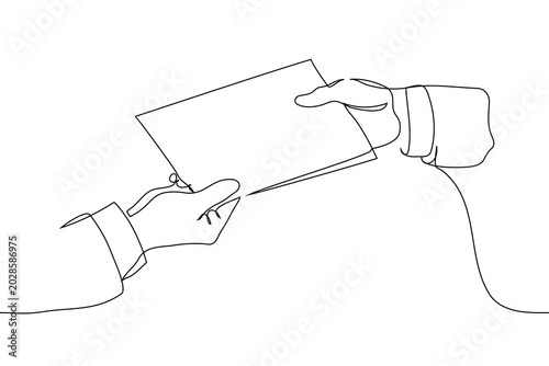 Continuous line drawing of one person passing a document to another. One-line sketch of hands holding a paper sheet or contract, representing business agreement, delivery, teamwork, or partnership