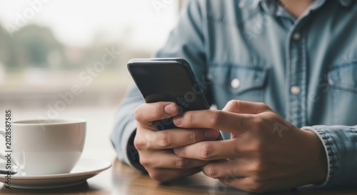 Close up of person hands holding smartphone and typing message, casual denim shirt, coffee cup on table, modern lifestyle and communication, social media connection