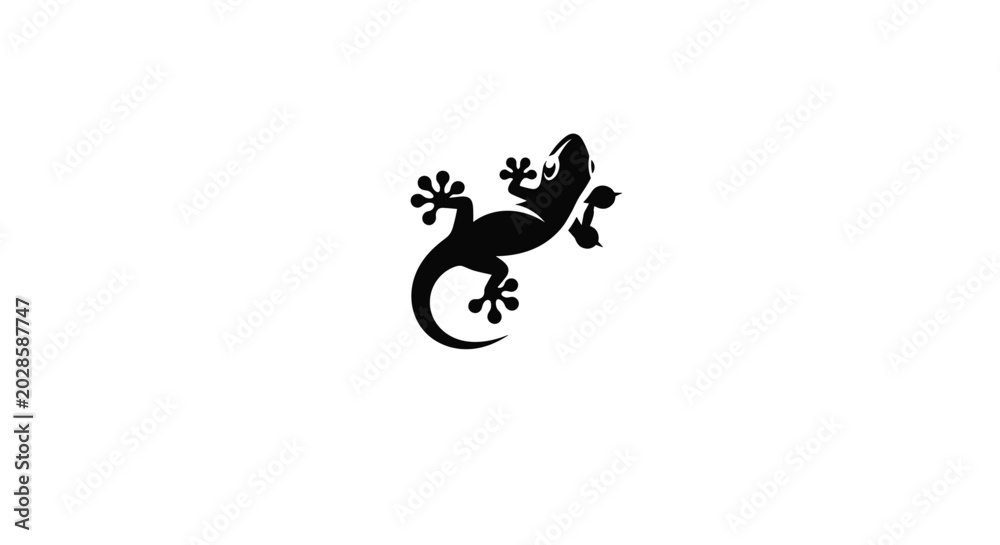 Naklejka premium Minimalist black silhouette of a gecko lizard in a climbing pose isolated on a plain white background for logo design.