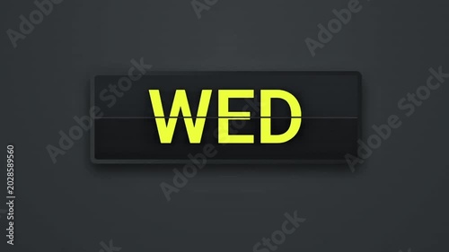 Animated days of the week flip clock display, showing Monday to Sunday with vibrant colors on a dark background