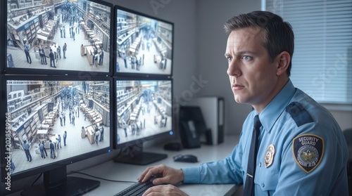 Male security guard monitoring surveillance footage on multiple screens in retail control room. Loss prevention and public safety concept.