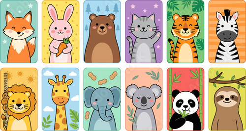 Canvas Print Cute collection of diverse wild animals designed in a flat vector illustration s