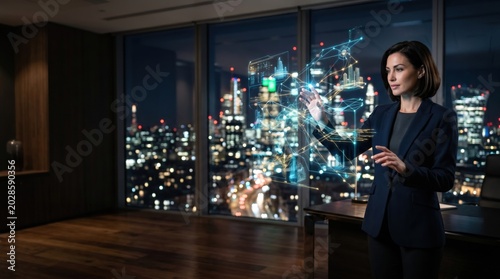 Business professional analyzing data trends city skyline digital environment night view