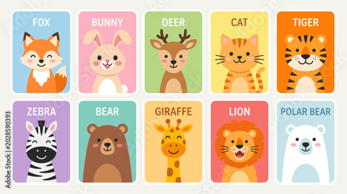 Bild auf Leinwand Collection of cute animal flashcards featuring colorful cartoon characters desig