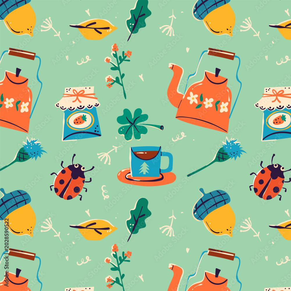 Naklejka premium Cozy Scandinavian Forest Pattern in Retro Cartoon Style featuring woodland elements