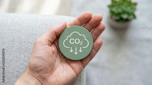 Hand holding a green circular sign with co2 reduction symbol representing environmental awareness and action