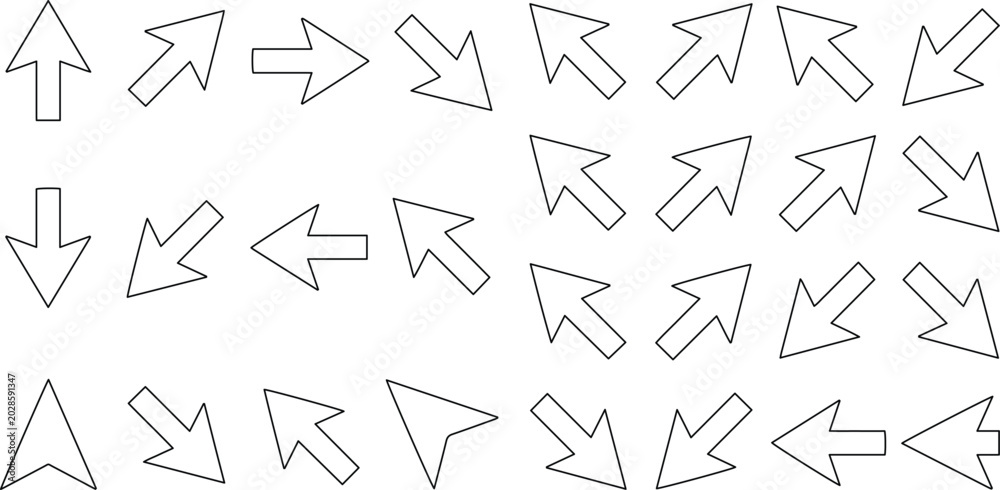 Obraz premium Minimalist arrow icon set, outline vector directional pointers, black and white navigation symbols for web interface and app design isolated on White Background