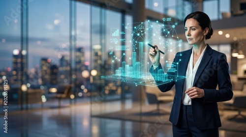 Analyzing business data trends in modern urban office spaces with digital overlays