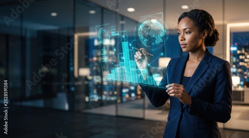 Business professional analyzing data in futuristic office digital insights evening view