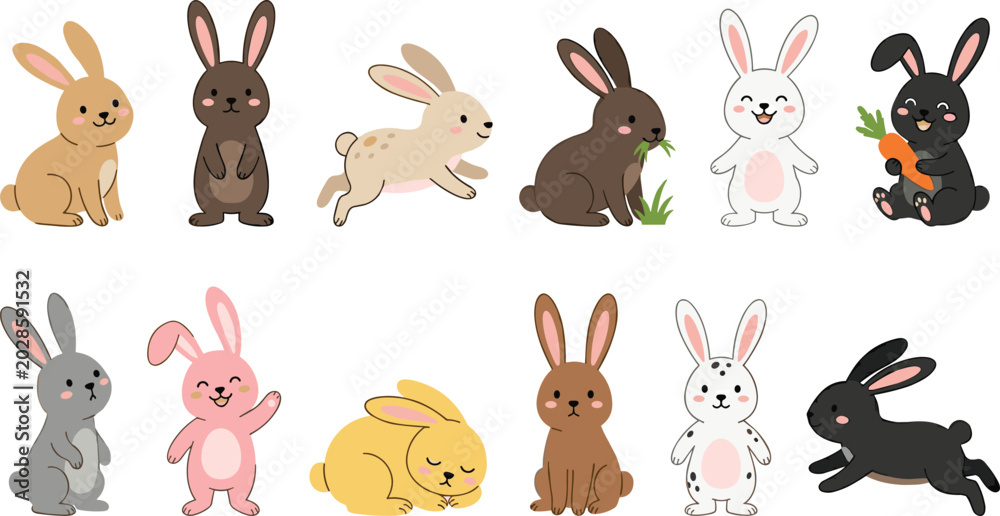 Obraz premium Cute Cartoon Rabbit Character Set with Colorful Bunnies in Various Fun Poses Including Running, Sleeping, and Eating for Kids Designs