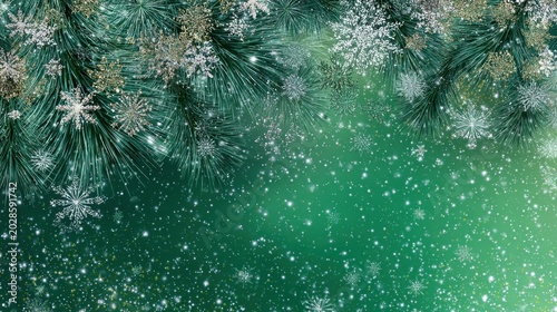 Evergreen branches adorned with sparkling snowflakes frame a background of falling snow against a deep green gradient.