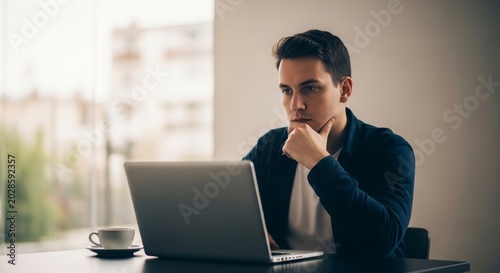 Young man contemplating while working on laptop, with coffee cup on desk in well-lit home office or modern workspace