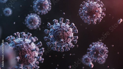 Floating Hantavirus Microorganisms in Dark Environment, 3D Medical Visualization of Infectious Disease.