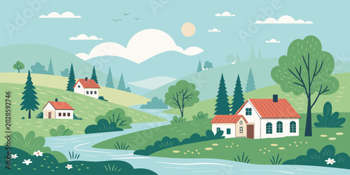 Peaceful countryside village illustration, small cottages, green trees, river and hills, flat vector style