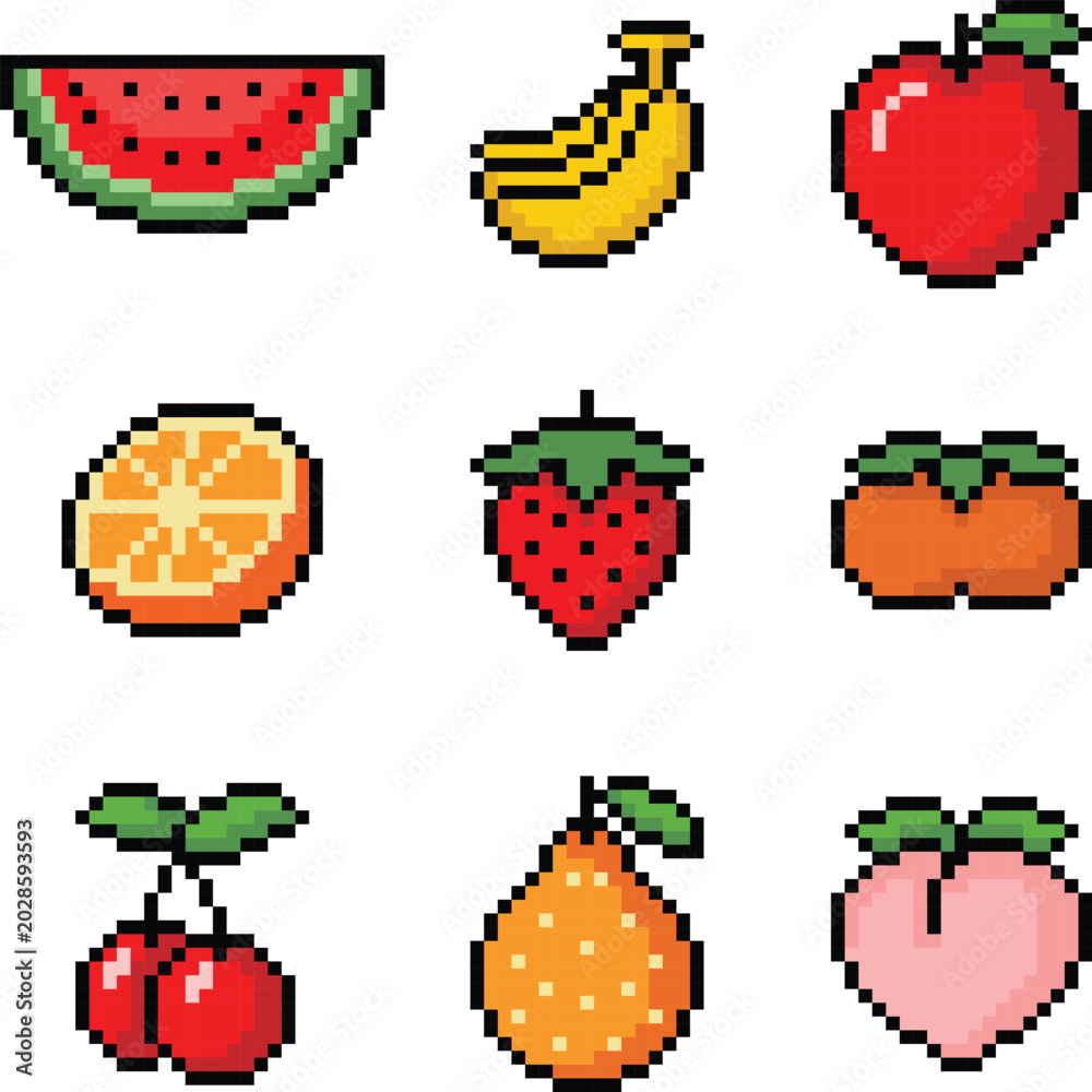 Fototapeta premium Collection of colorful Pixel icons of fruits vector illustration.
