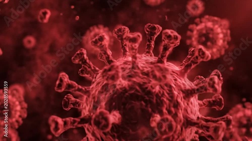Microscopic 3D Hantavirus Particles with Spike Proteins Floating in Dark Space, Viral Outbreak Concept.