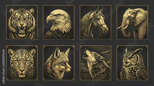 Collection of Majestic Animal Portraits Rendered in Gold Leaf.