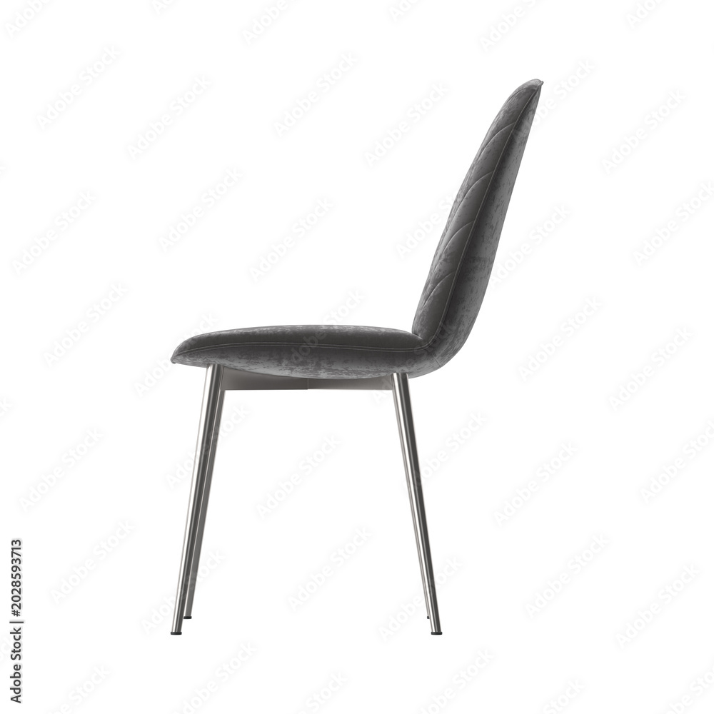 Fototapeta premium Modern Chevron Quilted Gray Velvet Dining Chair with Chrome Legs Side View on White Background