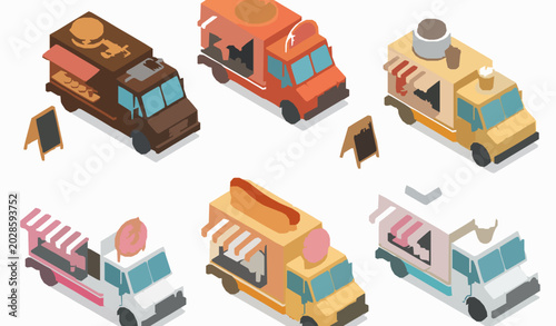 Isometric Fast Food Truck Set with Burger Pizza Coffee Donut Hot Dog and Ice Cream Van Vector Design on White Background