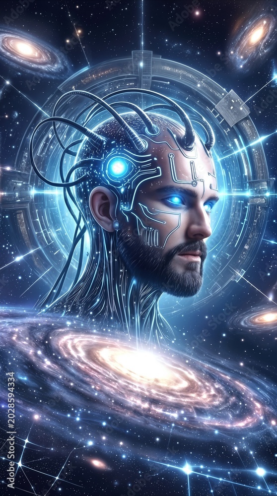 Fototapeta premium Bearded male profile with integrated circuitry and wires connected to skull against cosmic background. Technological evolution and space exploration theme.