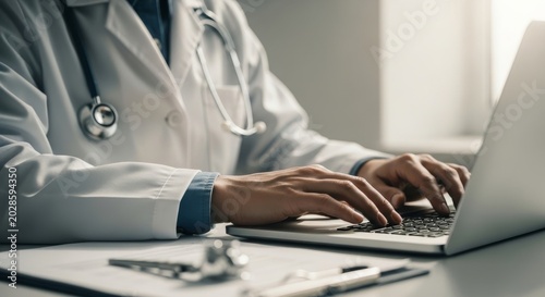 Doctor in white coat typing on laptop computer stethoscope on neck medical professional working at desk with patient records healthcare medical technology data analysis office setting
