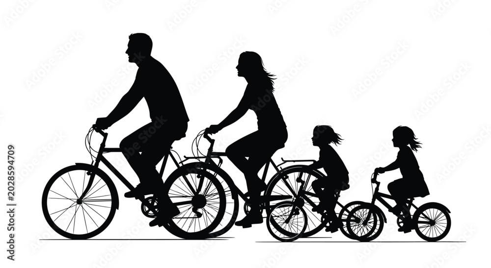 Fototapeta premium Family cycling together on bicycles black silhouette
