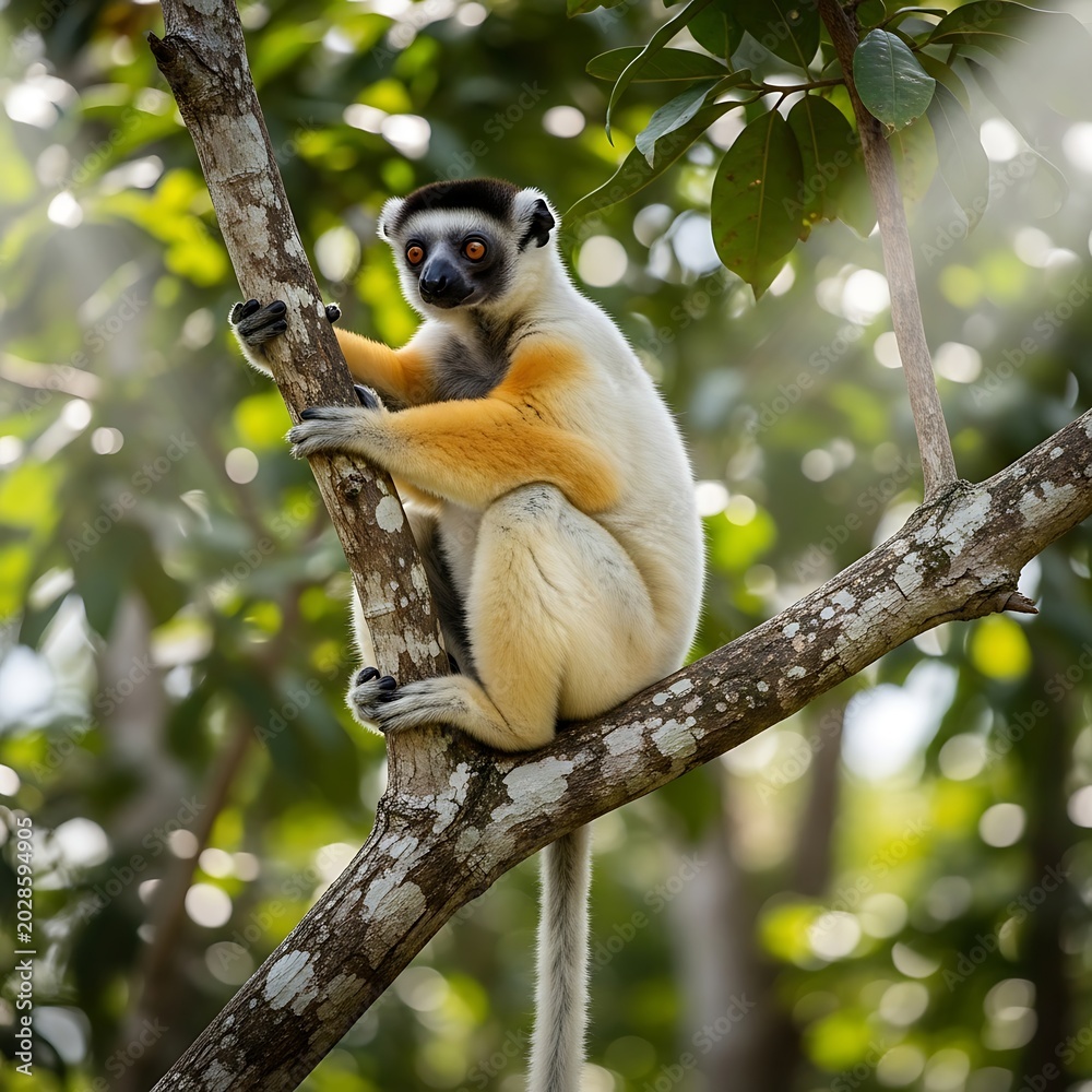 Fototapeta premium Golden Sifaka Lemur Clinging to Tree Branch in Lush Tropical Forest