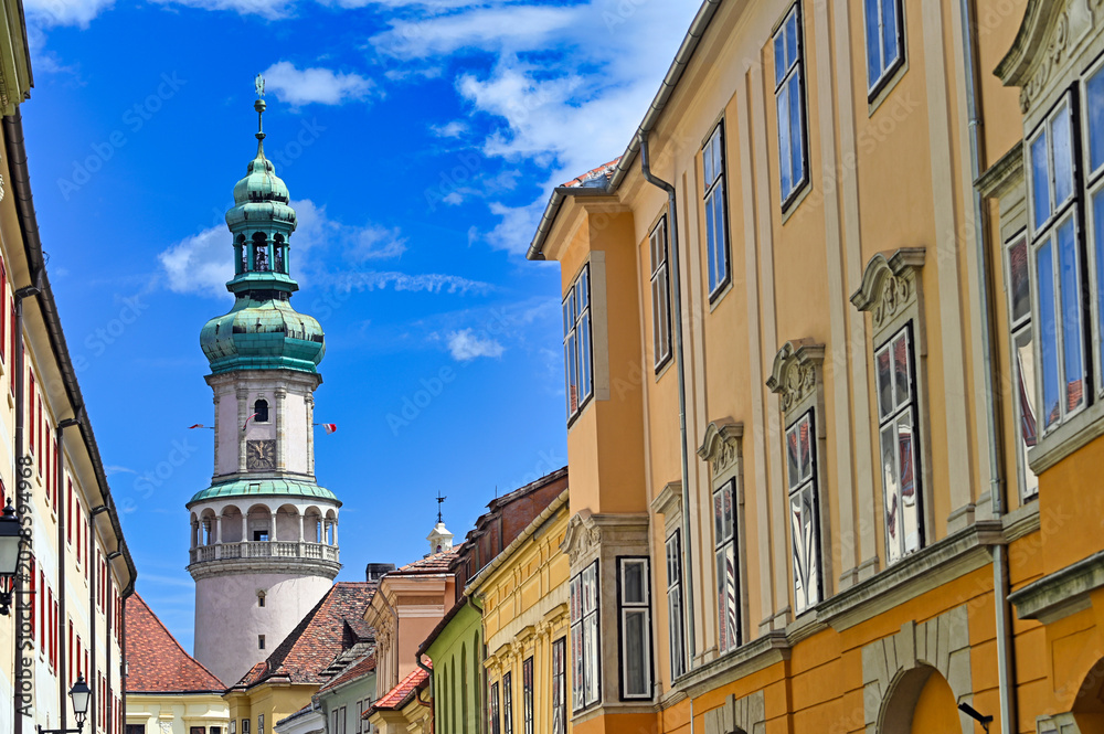 Fototapeta premium Firewatch Tower or Tuztorony, Symbol of Sopron Hungary with Old Town Street