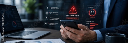 Cyber risk alert analysis office digital security content modern workspace close-up view risk management strategies