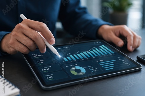 Data analysis overview office workspace digital report professional environment close-up insight