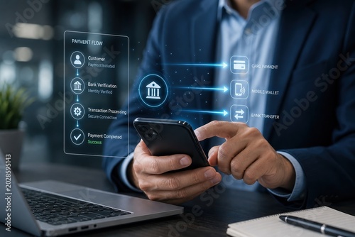 Digital payment processing action business office technology concept modern environment close-up view