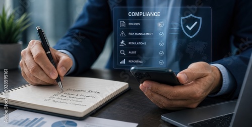 Compliance management strategies office setting digital content professional environment close-up view risk mitigation