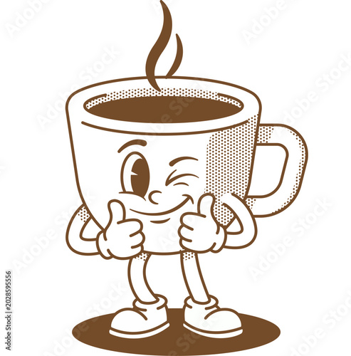Groovy Retro Cup Coffee Character Giving Thumbs Up,  Fun Cute Cartoon Illustration of Happy Smiling Coffee Cup with Approval Gesture in Vintage Groovy Style
