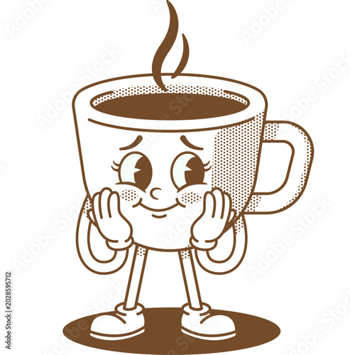 Groovy Retro Cup Coffee Character with Shy Blushing Face, Fun Cute Cartoon Illustration of Adorable Embarrassed Rosy Cheeked Cup Coffee Shape in Vintage Groovy Style