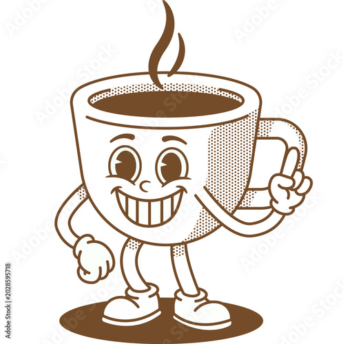 Groovy Retro Cup Coffee Character Pointing Finger Up, Fun Cute Cartoon Illustration of Cool Confident Smiling Cup Coffee Shape with One Finger Up Gesture in Vintage Groovy Style