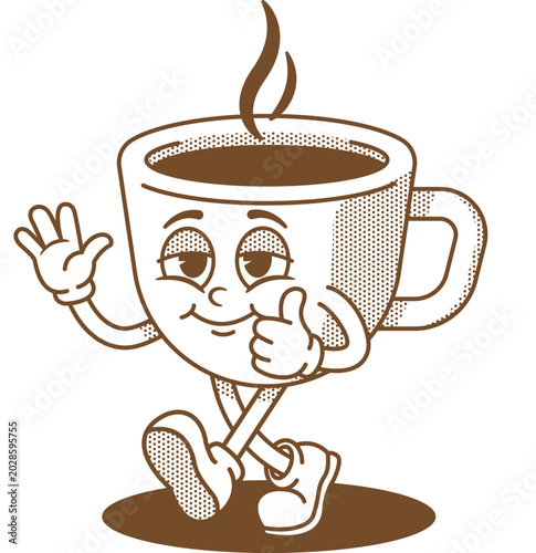 Groovy Retro Cup Coffee Character Waving and Giving Thumbs Up, Fun Cute Cartoon Illustration of Friendly Happy Cup Coffee Shape with Wave and Approval Gesture in Vintage Groovy Style