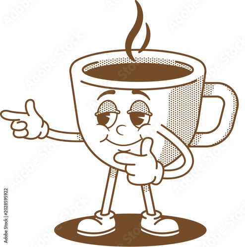 Groovy Retro Cup Coffee Character Pointing Finger at Viewer, Fun Cute Cartoon Illustration of Bold Confident Expressive Cup Coffee Shape with Direct Pointing Gesture in Vintage Groovy Style 