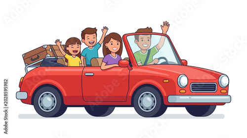 Happy family riding in red convertible car with luggage