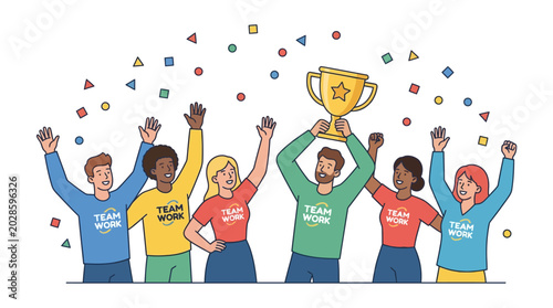 Diverse team celebrating with trophy and raised hands