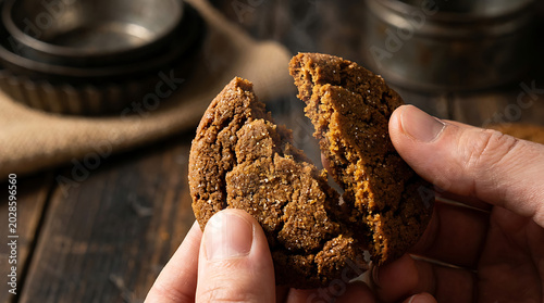 A person's hands breaking a rich ginger snap cookie in half, revealing its textured interior