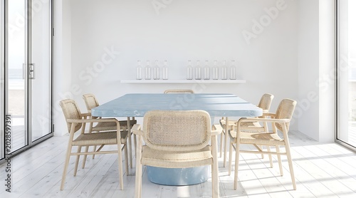Modern office meeting room with a large table and chairs, bright interior.