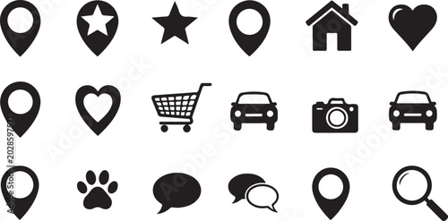 Collection of various black icons on white background for design and graphic resources