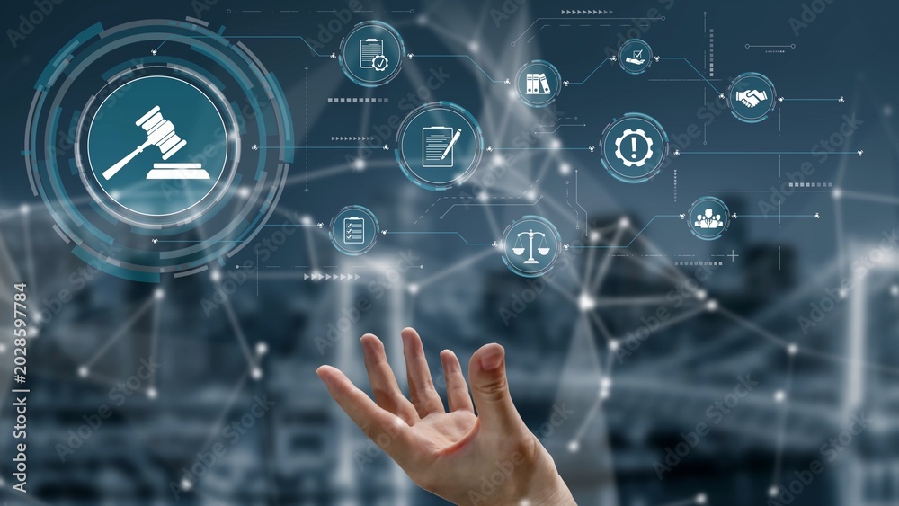 Naklejka premium Futuristic digital law interface displaying justice scale, highlighting digital law, AI compliance, digital law systems, and digital law regulations for secure governance. Muxer