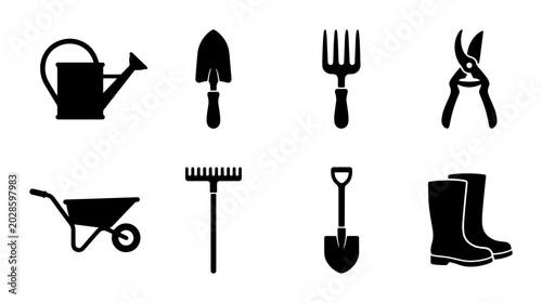 Foto Gardening Tools Vector Icons Set: Watering Can, Trowel, Fork, Pruners, Wheelbarr