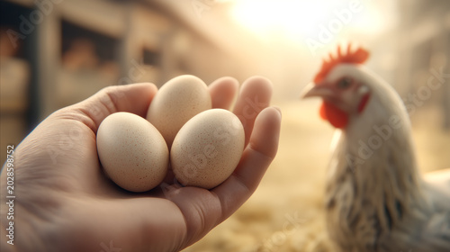 Fresh chicken eggs in farmer hands on background of hens and chicken coop. Concept of organic farming and natural food production