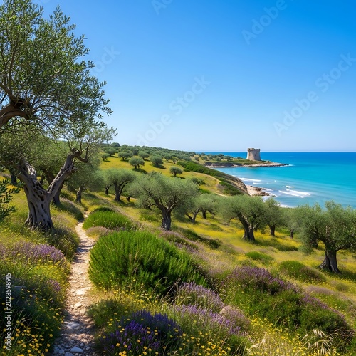 Sunlit Mediterranean Olive Grove Overlooking Turquoise Sea and Coastal Stone Tower