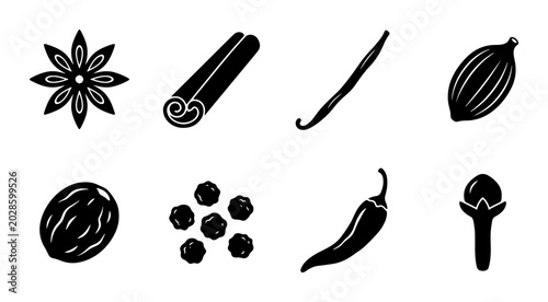 Bild auf Leinwand Spice Icons Vector Set: Star Anise, Cinnamon, Vanilla Bean, Cardamom, Nutmeg, Pe