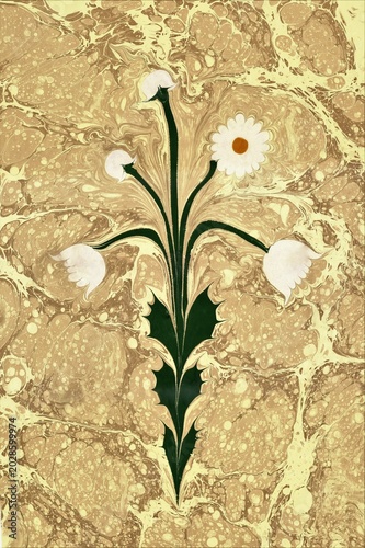 Traditional Turkish Ebru marbling with golden background and hand-drawn daisy motif — original paper marbling art on handmade paper. 