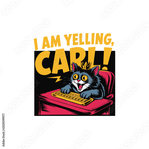 Funny retro meme t-shirt design, fluffy black cat with crazy yellow eyes yelling while typing aggressively on a keyboard, tiny golden crown on the cat’s head, red desk and dark charcoal background, bo