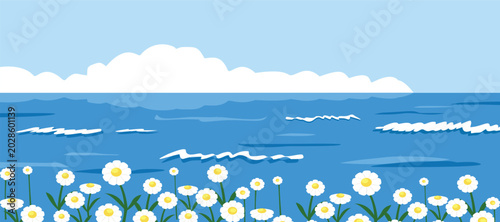 Bild auf Leinwand Ocean with white waves and white flowers in the foreground
